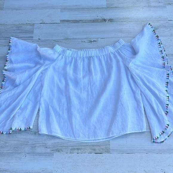 Zara Linen‎ Top Size Medium Womens Off Shoulder Blouse Bohemian Fringe Hem - Picture 2 of 11